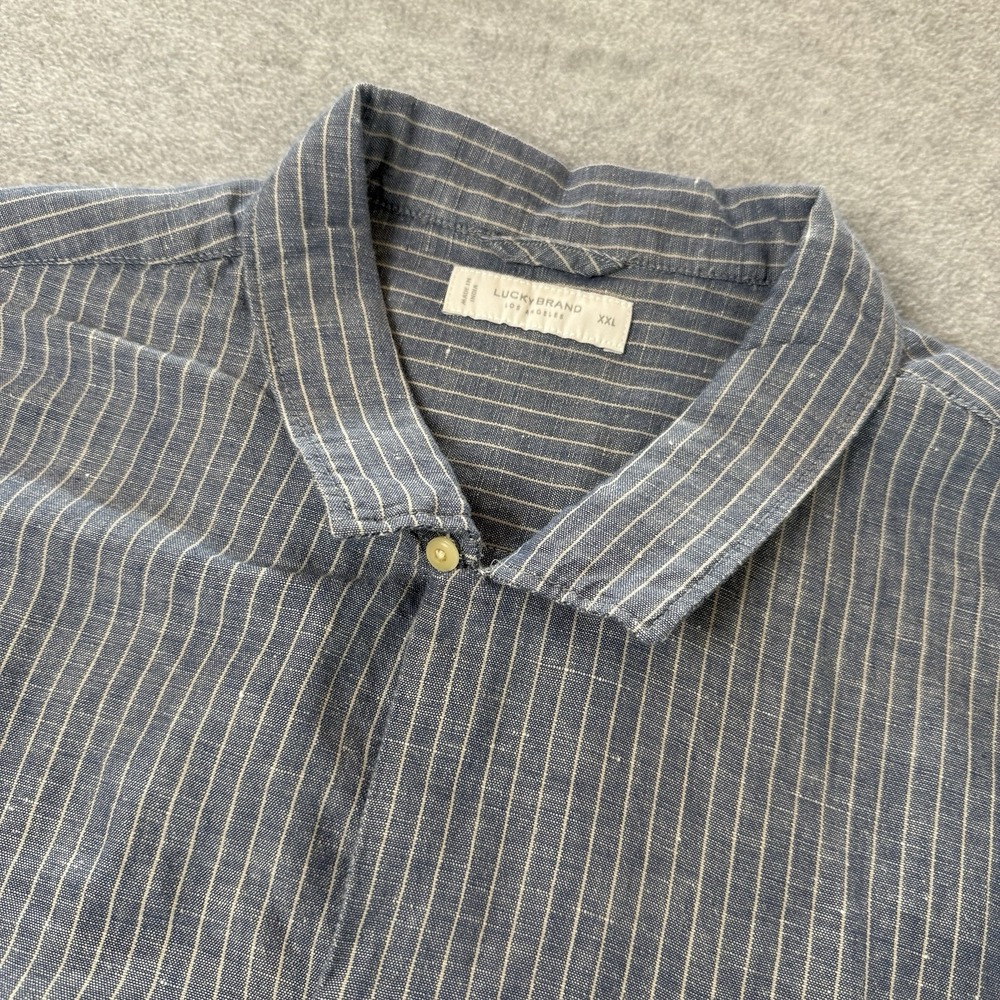 Lucky Brand Men XXL Linen Cotton Short Sleeve‎ Button Up Shirt Pinstripe Coastal